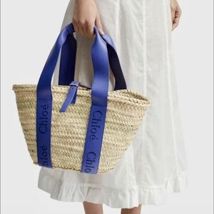 SOLD Chloe Women's Tan and Blue Straw Tote Bag w/Chloe Shoppers Bag